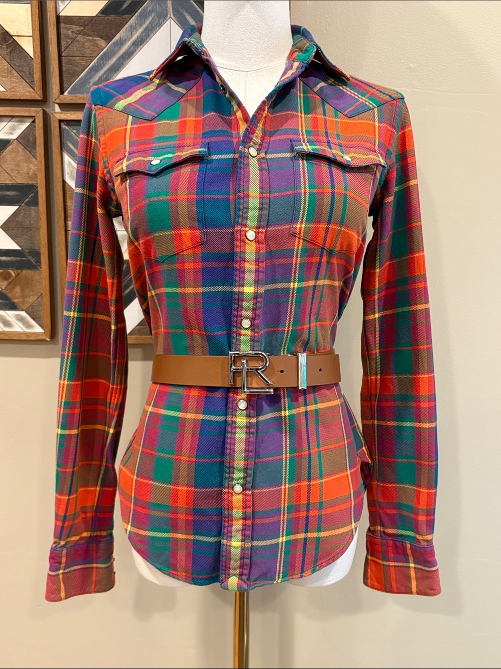 Vintage Ralph Lauren Sport Multicolor Plaid Tartan Pearl Snap Western Top 2